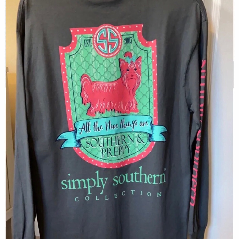 Simply Southern Dog Long Sleeve T Shirt Size M Gray Pink Bow Tie Logo  NWT